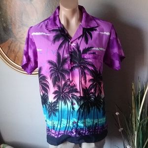 VHO mens Colorful Hawaiian Beach Print Faux Silk Shirt. Large